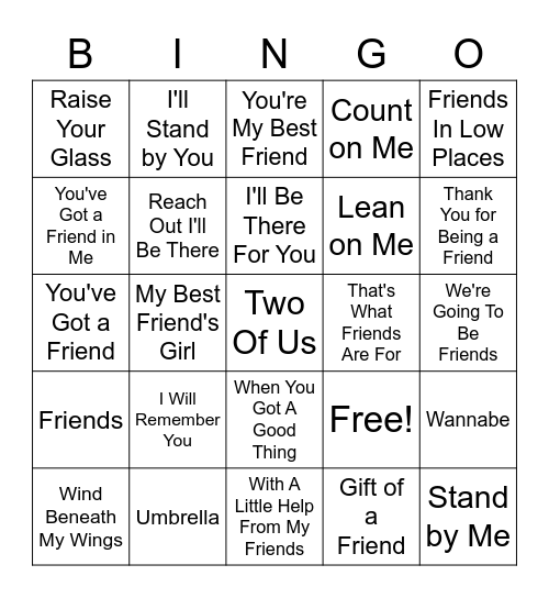 Bingo "Friendship" Songs Bingo Card