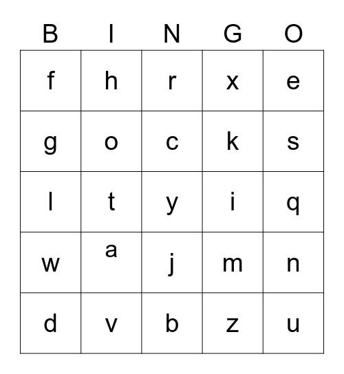 Lowercase Alphabet Bingo Card