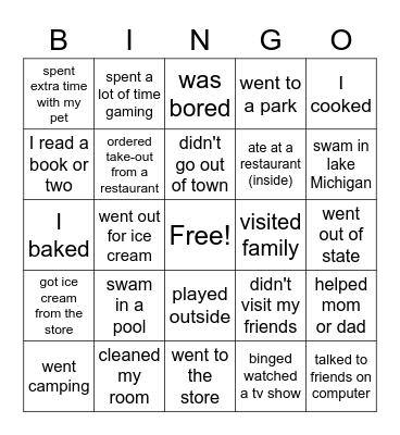 What Summer was like Bingo Card