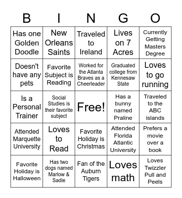 Teacher Bingo Card