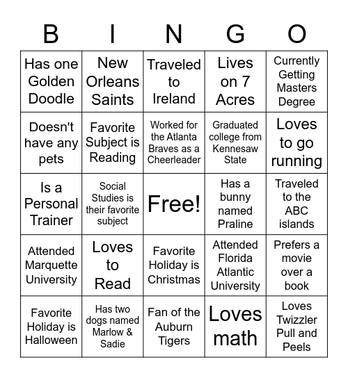 Teacher Bingo Card