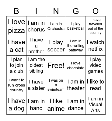 Get to know you bingo Card