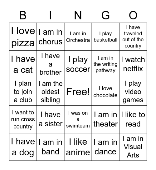 Get to know you bingo Card