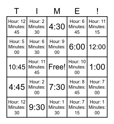 Telling Time Bingo Card