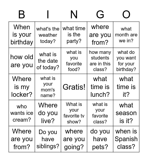 Preguntas Bingo Card