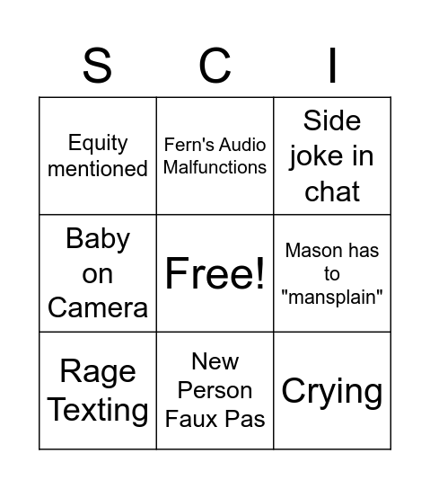 Science Dept. Meeting Bingo Card