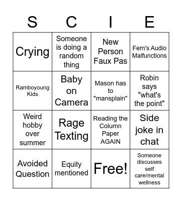 Science Dept. Meeting Bingo Card