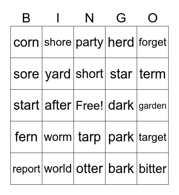 R-Controlled Bingo (ar, er, or) Bingo Card