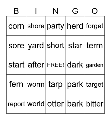 R-Controlled Bingo (ar, er, or) Bingo Card