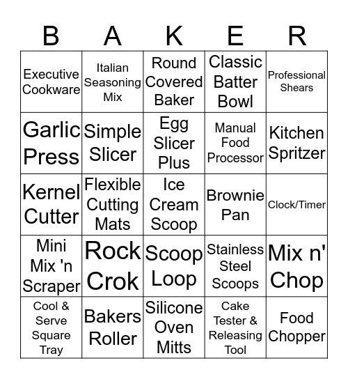 Pampered Chef Baker Bingo Card