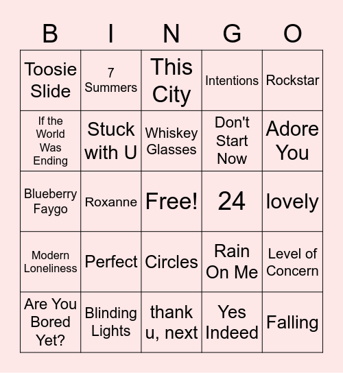 Today's Hits - Musical Bingo Card