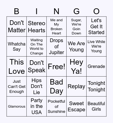 Throwback Hits - Musical Bingo Card