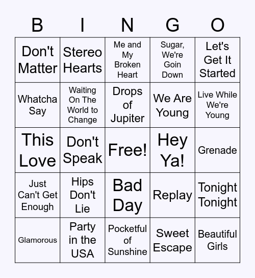 Throwback Hits - Musical Bingo Card