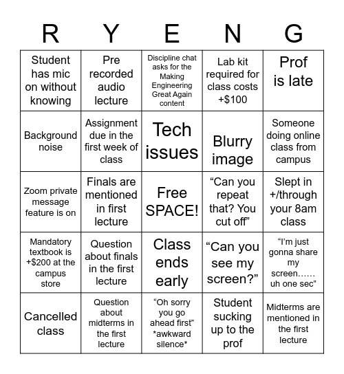 First Week of Class EDITION, by plutarch Bingo Card
