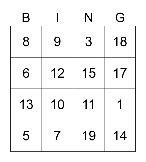 Number Bingo Card