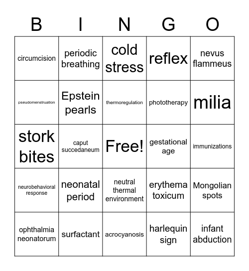 Newborn Bingo Card