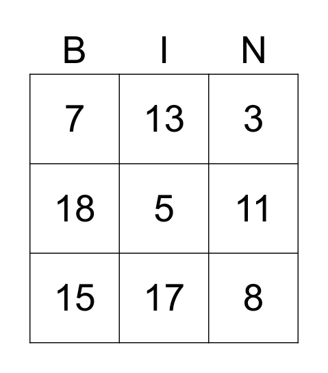 Number Bingo Card