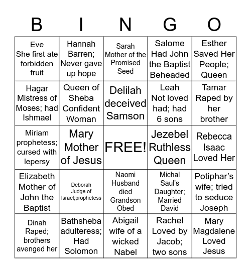 Women of the Bible Bingo Card