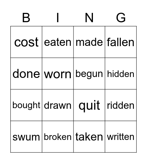 Past Participle Bingo Card