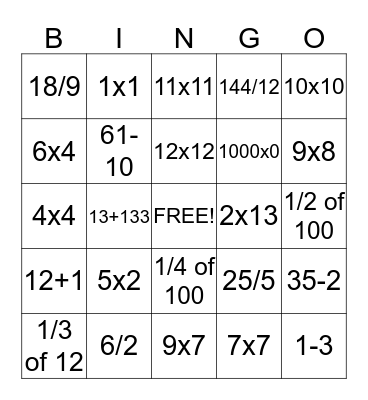 Math Candy Bingo Card