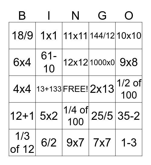 Math Candy Bingo Card