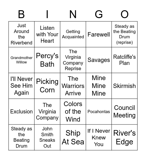 Pocahontas BINGO Card