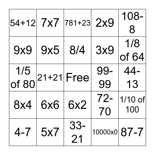 Math Candy Bingo Card