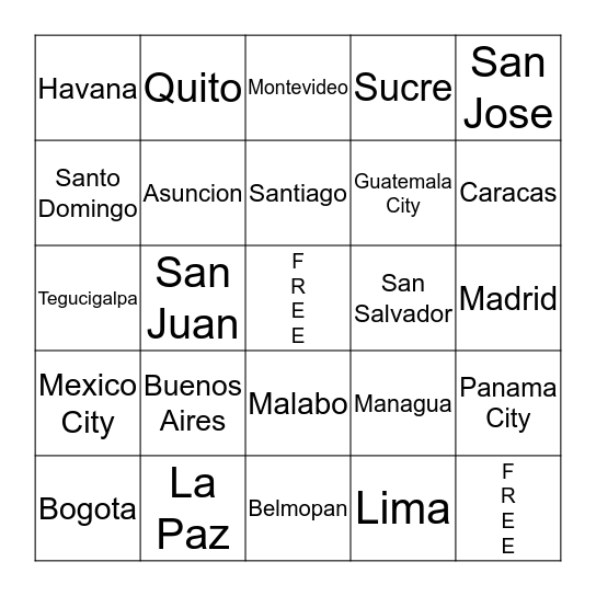 Capitals of Spanish Speaking Countrie  & BELIZE Bingo Card