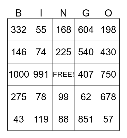addition Bingo Card