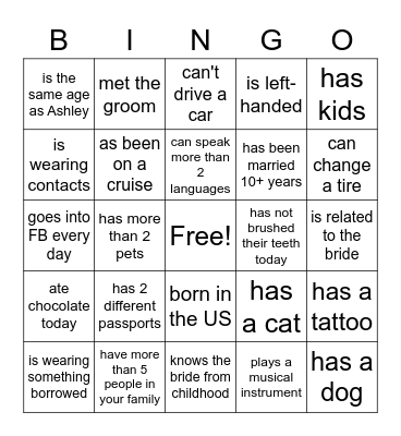 Ashley's Bridal Shower Bingo Card