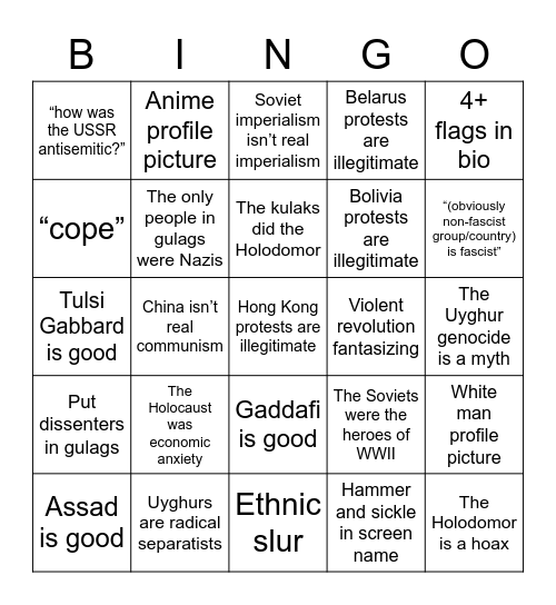 Tankie Bingo Card