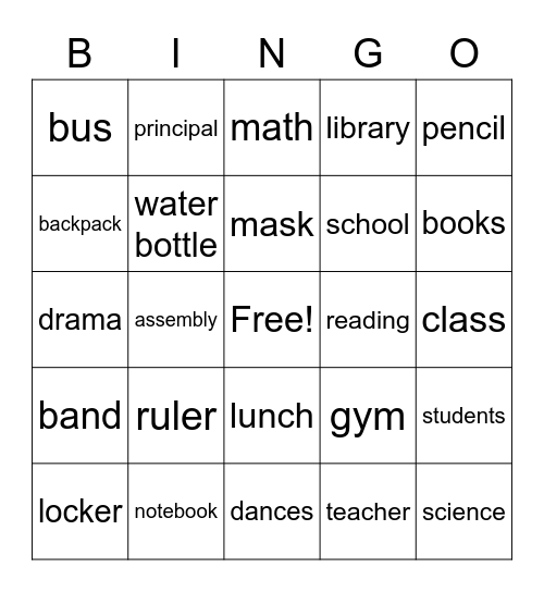 Back to School Bingo Card