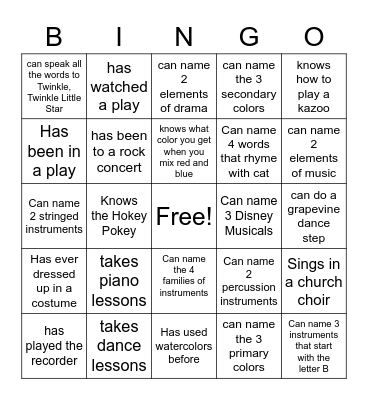 Fine Arts Bingo Card