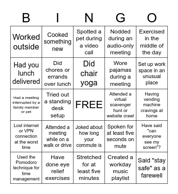 Remote Work Bingo Card