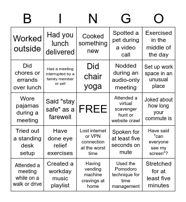 Remote Work Bingo Card