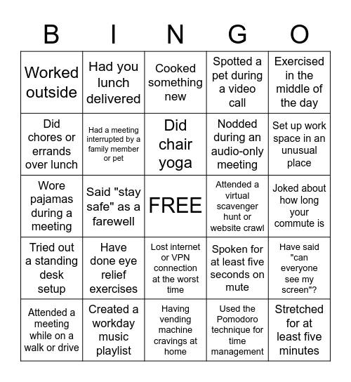 Remote Work Bingo Card