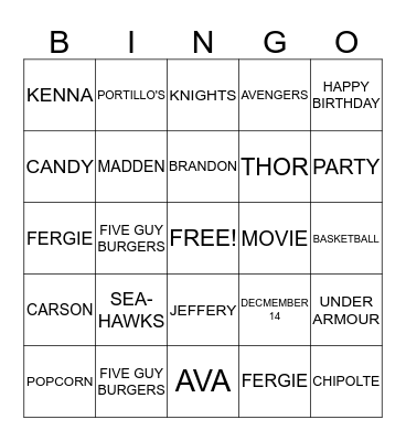 BRANDON'S BIRTHDAY BINGO Card