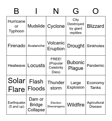 Natural Disaster Bingo - 2020 Ed. (By: Stryker) Bingo Card