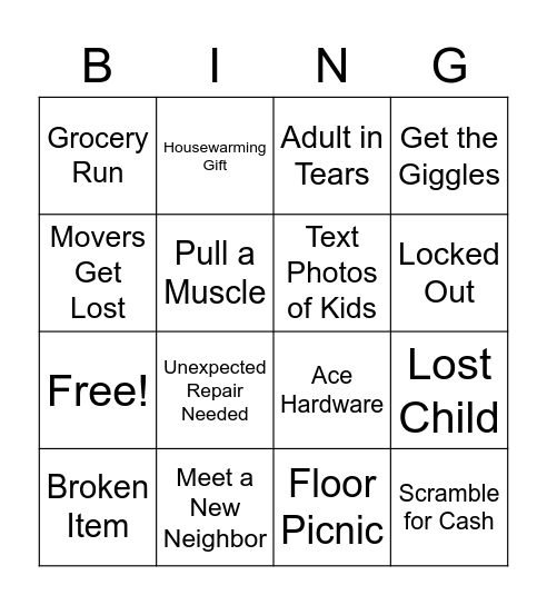 Moving Day Bingo Card