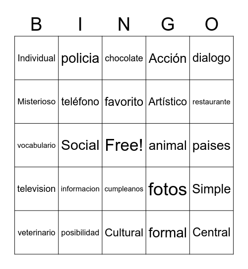 Back to Spanish Bingo! Bingo Card