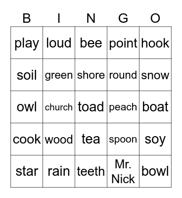 Super Phonics Bingo Card