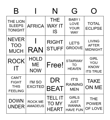 80's HITS Bingo Card