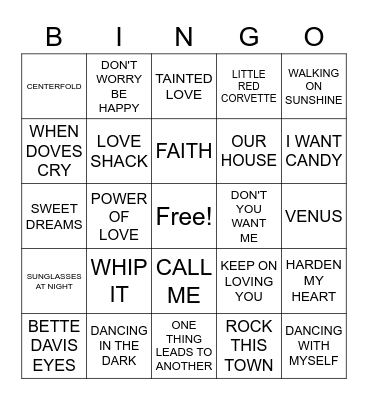 80's HITS Bingo Card