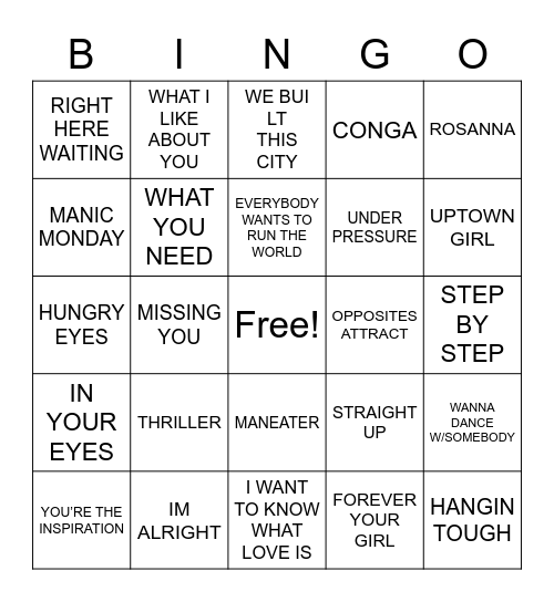 80's HITS Bingo Card