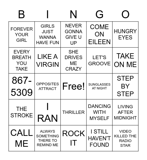 80's HITS Bingo Card