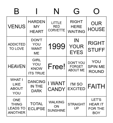 80's HITS Bingo Card