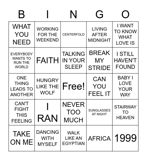 80's HITS Bingo Card
