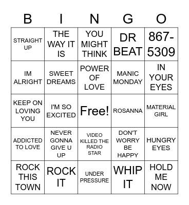 80's HITS Bingo Card