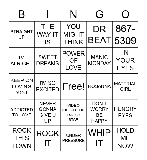 80's HITS Bingo Card