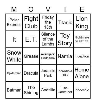 Sinema Bingo Card